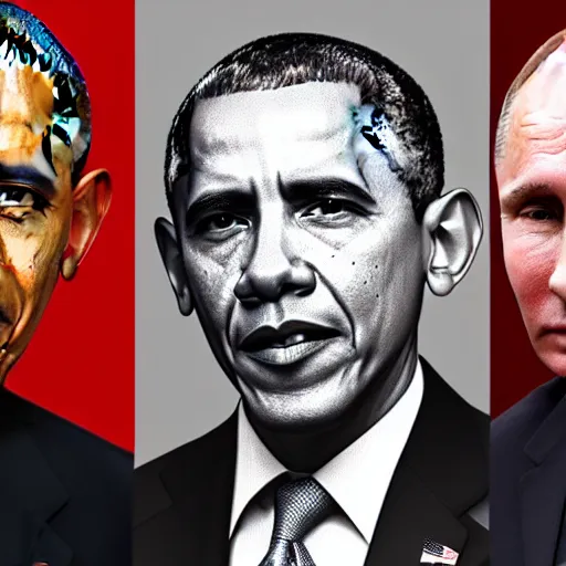 Image similar to obama with an american flag wrapped around his head, trump and putin in greyscale look on forebodingly in the background, red chinese flowers in the background, chinese characters in the foreground