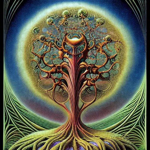 Prompt: divine chaos engine by roger dean and andrew ferez, art forms of nature by ernst haeckel, tree of life, symbolist, visionary, art nouveau, botanical organic fractal structures, surreality, detailed, realistic, deep rich moody colors