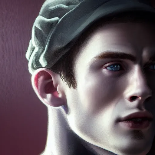 Image similar to A videogame portrait of a young Irish man with high cheekbones. Good bone structure. Dressed in 1940s style. Highly detailed, fine Art, high detail, great lighting, 8k resolution, masterpiece, concept art, illustration, clear eyes, painting oil on canvas, octane render, HDR, trending on artstation, 4k, 8k, HD