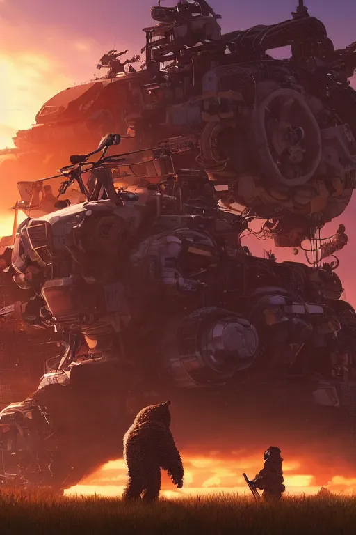 Prompt: A real photo of a Mechanical War-Bear and the sunset in the distance, by Josan Gonzalez, Yoji Shinkawa and Geof Darrow, highly detailed, Unreal Engine Render, 3D, 8k wallpaper