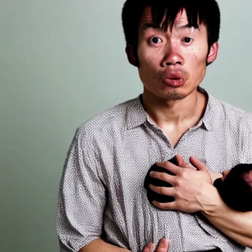 Image similar to a shocked, confused asian man holding his black newborn baby