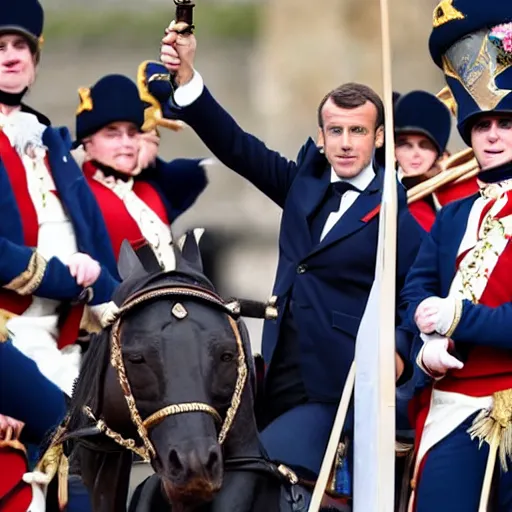 Image similar to emmanuel macron dressed as napoleon, firing a cannon, aiming at england