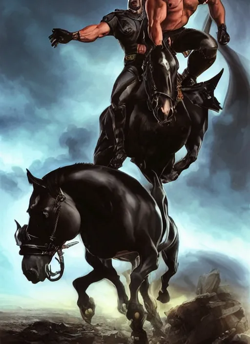 Prompt: chubby ethan van sciver with a bald head and grey trimmed beard with a pointy nose as the first horseman of the apocalypse riding a strong big black stallion, horse is up on its hind legs, beautiful artwork by artgerm and rutkowski, breathtaking, beautifully lit, dramatic, full view