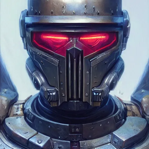 Image similar to the doomslayer as a realistic scifi cyberpunk knight, closeup portrait art by donato giancola and greg rutkowski, vintage retro scifi, realistic face, digital art, trending on artstation, symmetry!!!