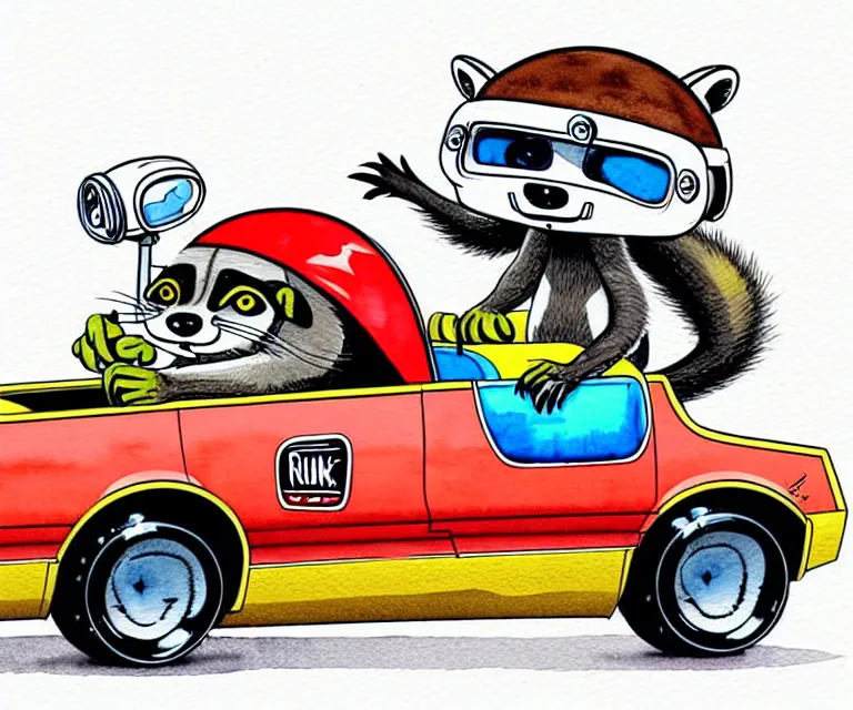 Prompt: cute and funny, racoon wearing a helmet riding in a tiny 1 9 7 4 mercury cougar funny car, ratfink style by ed roth, centered award winning watercolor pen illustration, isometric illustration by chihiro iwasaki, edited by range murata