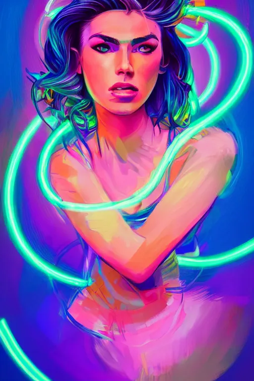 Prompt: a award winning portrait of a beautiful woman with stunning eyes in a one off shoulder croptop and cargo pants with rainbow colored hair, outlined by whirling illuminated neon lines and fine lines swirling in circles by rhads, digital art, trending on artstation