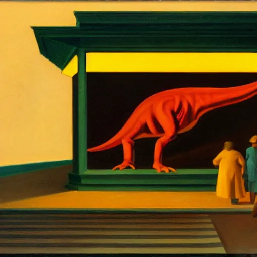 Image similar to painting of the extinction of the dinosaurs with asteroid and fire, in the style of edward hopper