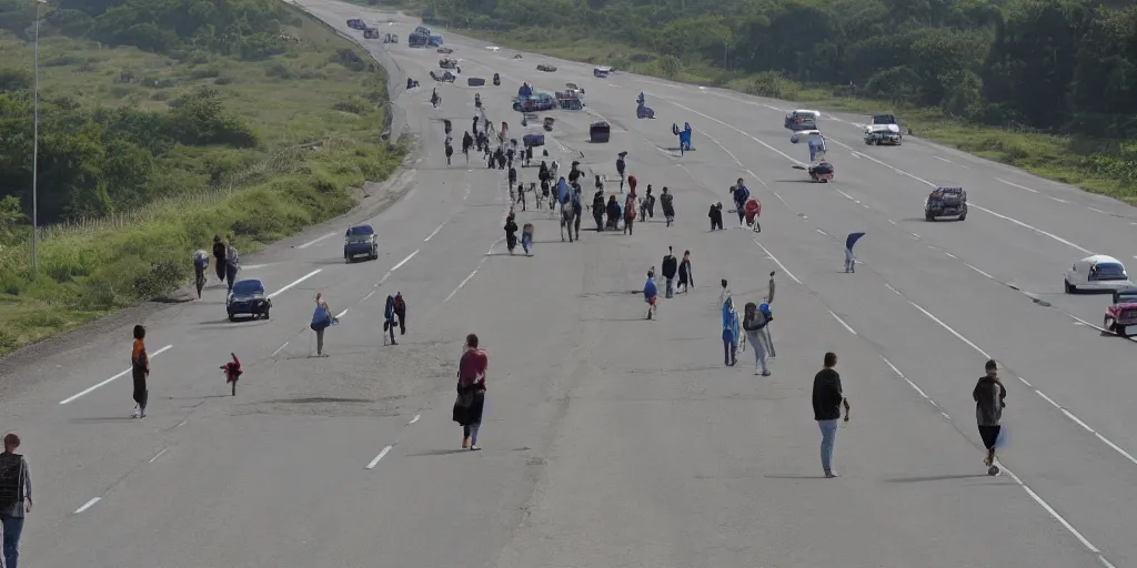 Image similar to People strolling along the highway, Martin Handford style.