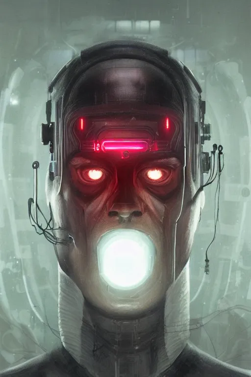 Image similar to head and shoulders render of man cyberpunk face ((glowing_red_eyes red emissives!)) android face inhuman creepy intimidating, exposed wiring bundle. detailed Tom Bagshaw and Greg Rutkowski and Alphonse Mucha Bladerunner 2049 artstation trending 165mm
