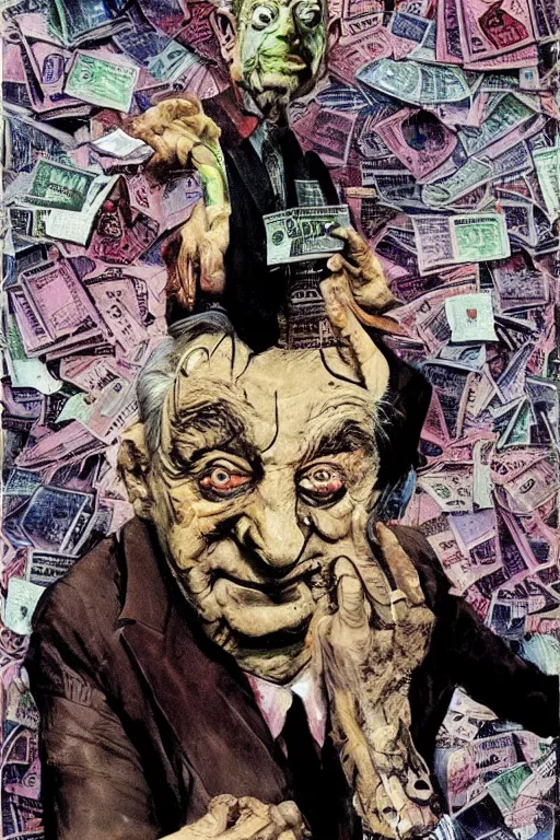 Image similar to George Soros full body shot, dollar bills Body horror, biopunk, by Ralph Steadman, Francis Bacon, Hunter S Thompson