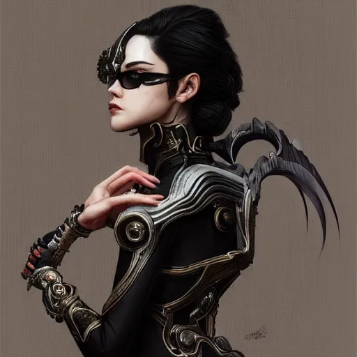 Image similar to a portrait a young asia argento as bayonetta, urban motifs, intricate, elegant, highly detailed, digital painting, trending on artstation, concept art, smooth sharp focus, illustration, art by artgerm and greg rutkowski