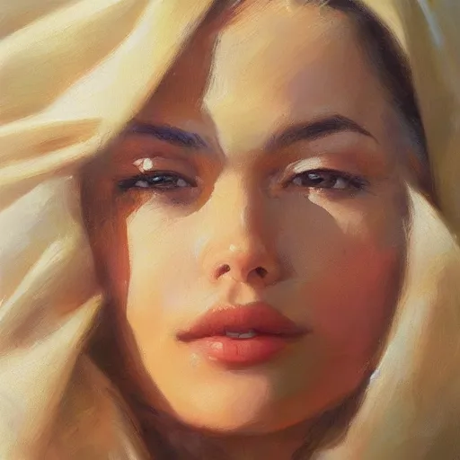 Image similar to super close - up of a beautiful woman's face, morning, highly detailed, ultrarealistic oil painting, vladimir volegov, artstation