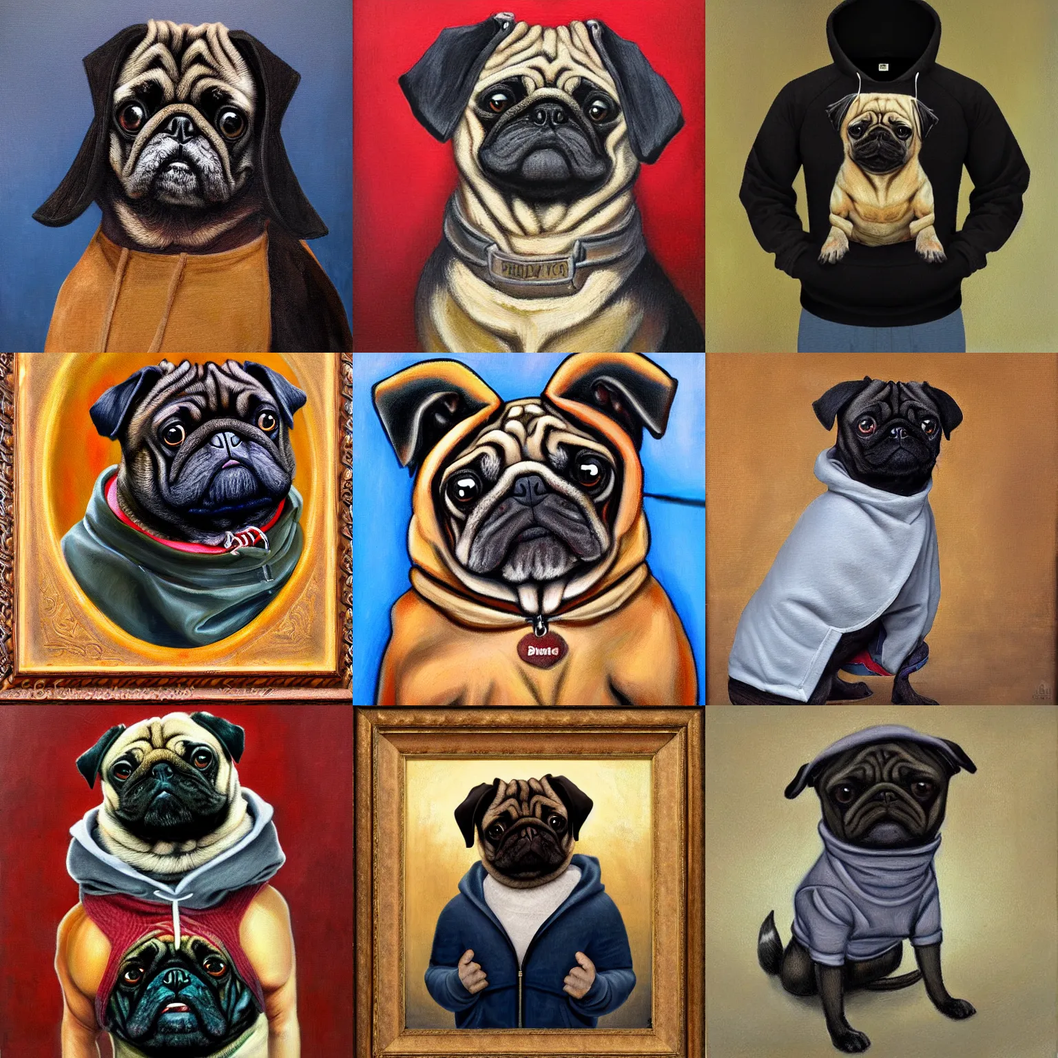 Prompt: dog pug as bodybuilder wearing hoodie portrait, heavy texture victorian oil painting