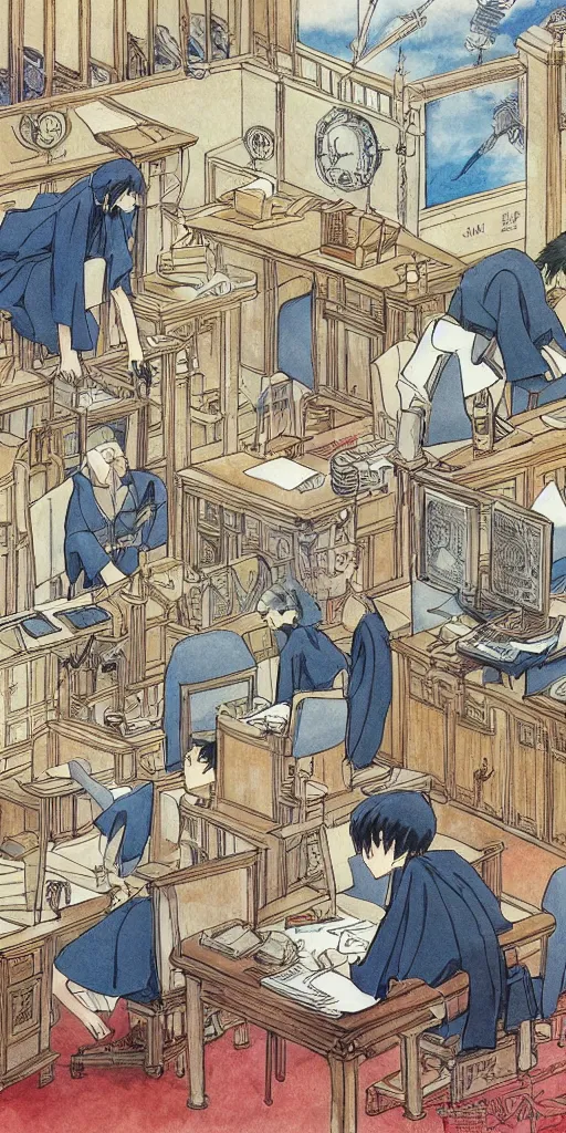 Prompt: a court room with a justice scale on the desk, drawn by a famous anime artist Hayao Miyazaki, high quality, fine lines, amazing detail. colored, intricate ink painting, the justice tarot card, psychedelia,