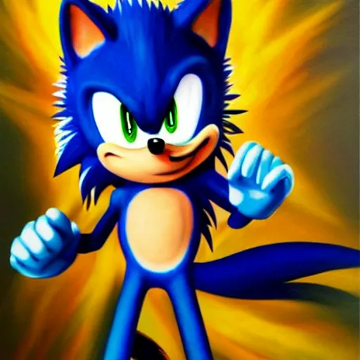 Image similar to hyperrealistic anime Sonic the Hedgehog oil painting 8k , sunset backlight