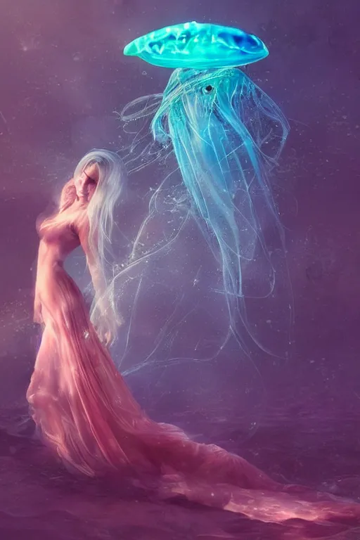 Image similar to A beautiful woman merged with a jellyfish, concept art, atmospheric, photography, magical atmosphere