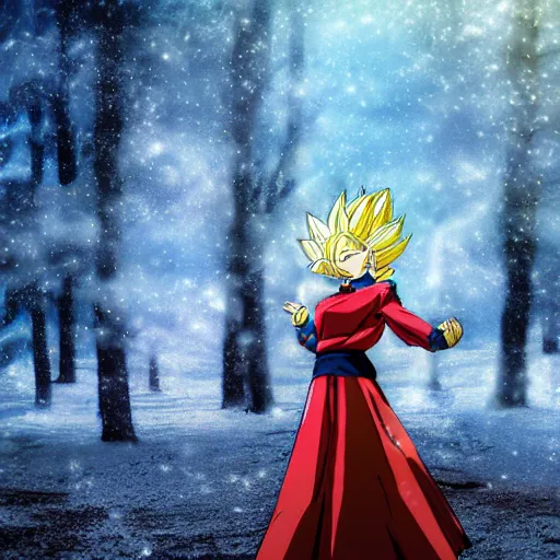 Image similar to portrait focus of super saiyan beautiful 3 d anime girl posing, frozen ice dark forest background, snowing, bokeh, inspired by masami kurumada