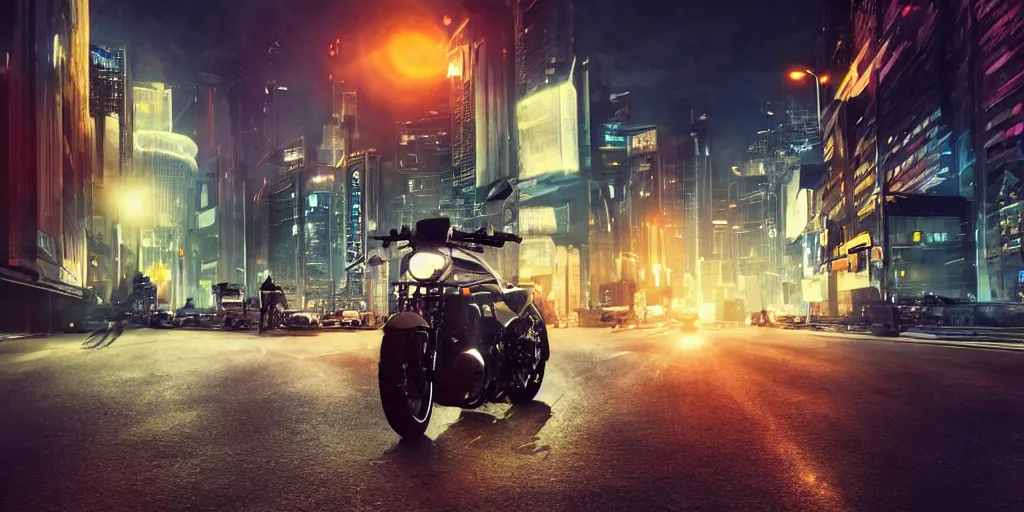 Prompt: motorcycle in a futuristic cityscape at night, soft lighting, realistic painting