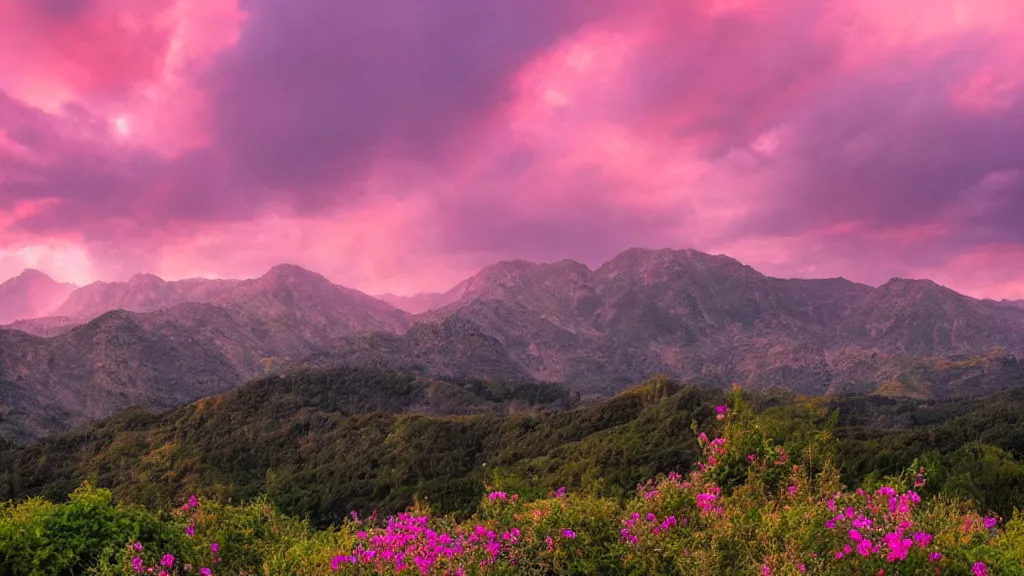 Image similar to Beautiful lush mountains under the pink clouds backlit by the sun