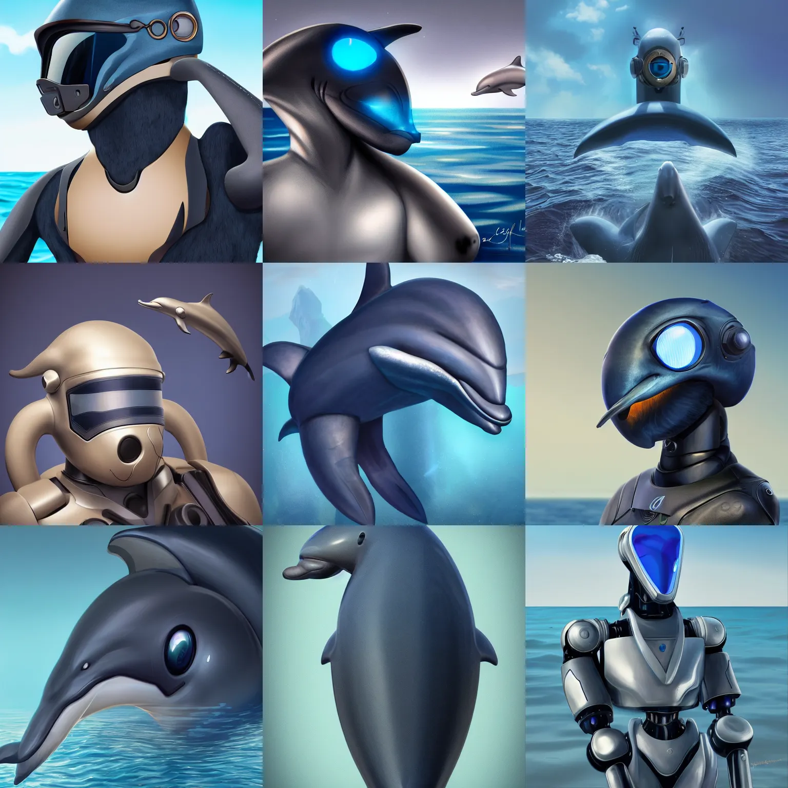 Prompt: very very beautiful furry art, male robotic anthro dolphin, face covered by dark opaque visor, wide bottlenose snout below visor, smooth round shapes, all dark blue metal, commission on furaffinity, cgsociety, octane render, sea in background