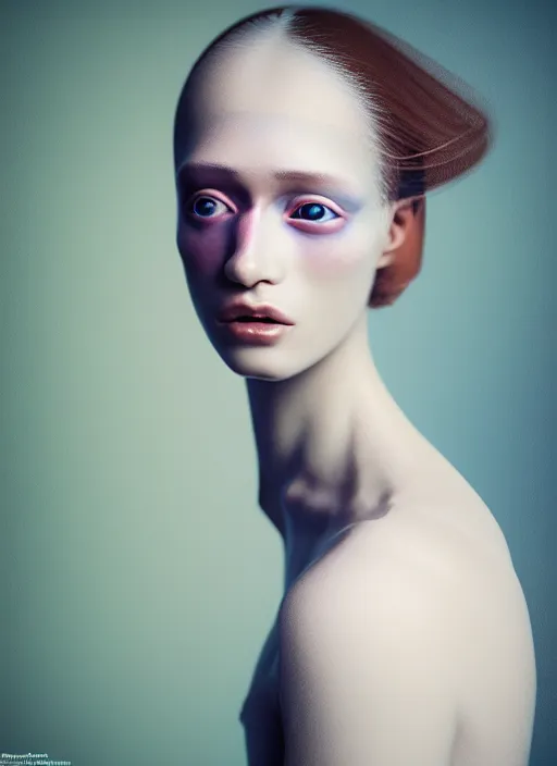 Prompt: Kodak Portra 400, 8K, soft light, volumetric lighting, highly detailed, fine art portrait photography in style of Paolo Roversi , britt marling face 3/4 morphing with soft pastel colors tropical fishes, metamorphosis complex 3d render , 150 mm lens, soft blur background, bust with intricate details, elegant, hyper realistic, ultra detailed, octane render, etheric, outworldly colours, emotionally evoking, head in focus, fantasy, ornamental, intricate, elegant, 8K, soft light, volumetric underwater lighting, highly detailed, Refined, Highly Detailed, soft lighting colors scheme, fine art photography, Hyper realistic, photo realistic