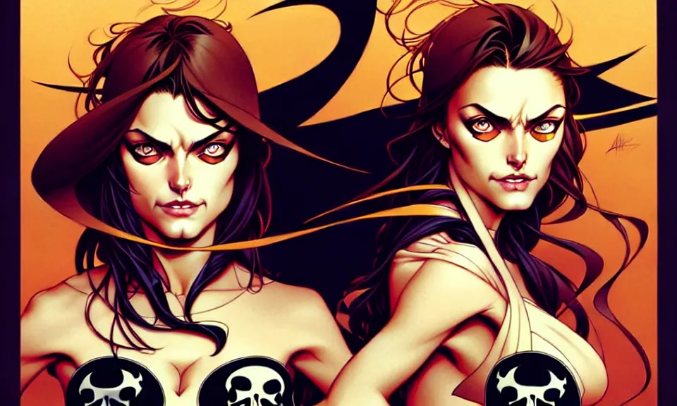 Image similar to artgerm, joshua middleton comic cover art, pretty pirate phoebe tonkin smiling, full body, symmetrical eyes, symmetrical face, long curly black hair, on a pirate ship background, warm colors