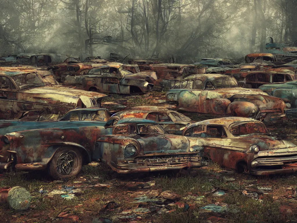 Prompt: an abandoned junkyard in a forrest full of rusty dream cars from the fifties by raymond swanland, 1 6 mm wideangle lens, volumetric lighting, octane render, artstation