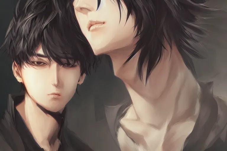 Prompt: anime handsome man with short black hair, black hair, character portrait, portrait, close up, concept art, intricate details, highly detailed by wlop