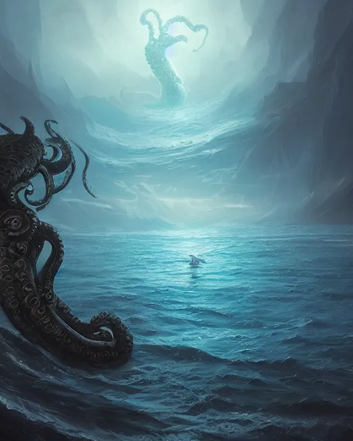 Prompt: An invisible Kraken, blue sea, fantasy art, monster art, in the style of greg rutkowski, illustration, epic, fantasy, intricate, hyper detailed, artstation, concept art, smooth, sharp focus, ray tracing