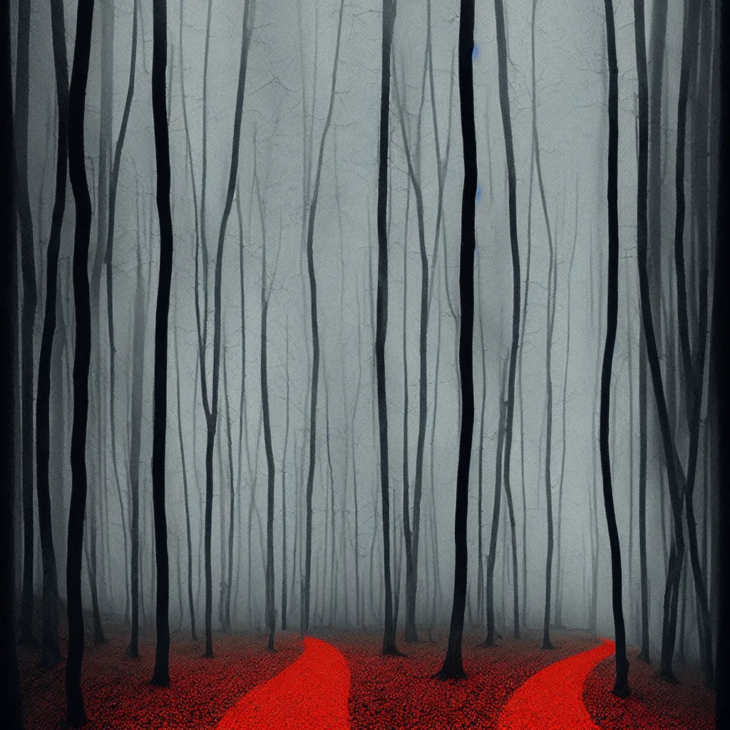 Image similar to forest path by, mads berg, karolis strautniekas, film noir, stippled light, dramatic lighting, editorial illustration, detailed, fine texture, matte print, art deco, brutalism, dark blue + dark orange, red, black, ( ( habitat 6 7 background ) )