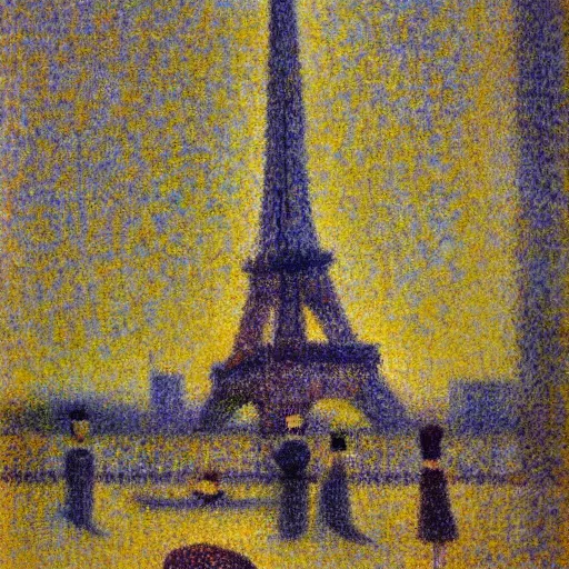 Image similar to eiffel tower building in paris, happy athmosphere, joy, impressionism, by georges seurat,