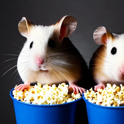 Image similar to photo of two hamsters, bucket of popcorn next to them on a cinema seat, various poses, unedited, dim light, sharp focus, 8 k