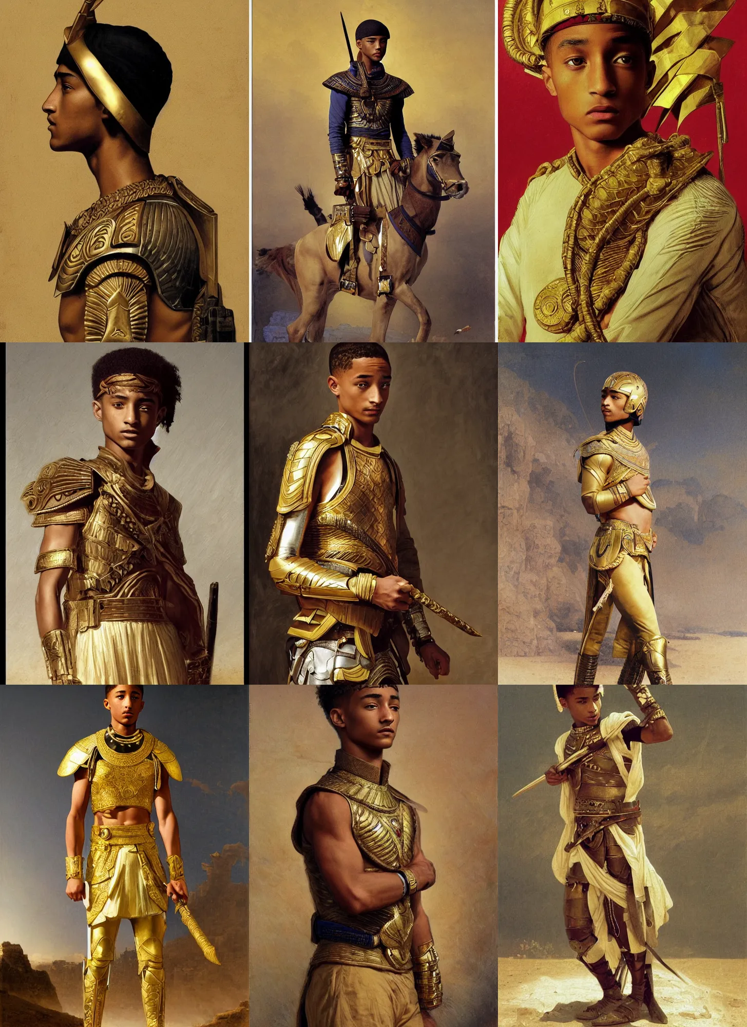 Prompt: jaden smith as young egyptian cavalryman, shaved head, golden and white dress, marvel comics, intricate, sharp focus, illustration, orientalism, bouguereau, rutkowski, jurgens