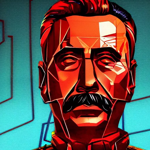 Image similar to cyberpunk joseph stalin as the leader of a futuristic communist society, cybernetics, sharp lines, digital, artstation, colored in