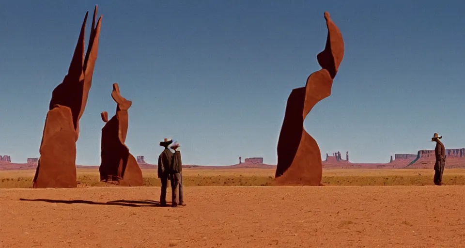 Image similar to film still showing cowboys looking at a gigantic abstract sculpture in the desert directed by Sergio Leone, western, monument valley, cinemascope, technicolor