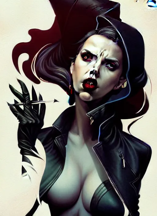 Image similar to rafael albuquerque comic art, art nouveau, peter mohrbacher, artgerm, pretty scarlett johansson vampire sharp vampire teeth open mouth, symmetrical eyes, black leather jacket, jeans, long blonde hair, full body