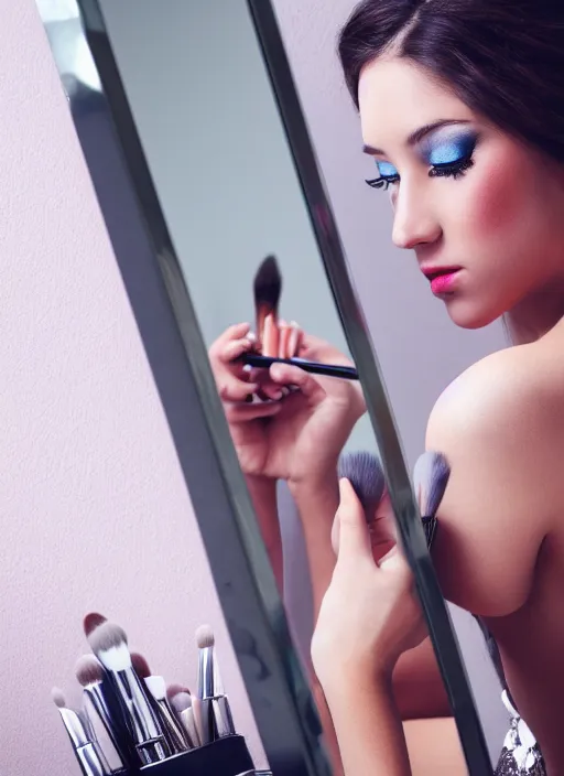 Prompt: a beautiful detailed photo of a girl in the mirror doing make - up, realistic, f 8, 4 k hd wallpaper