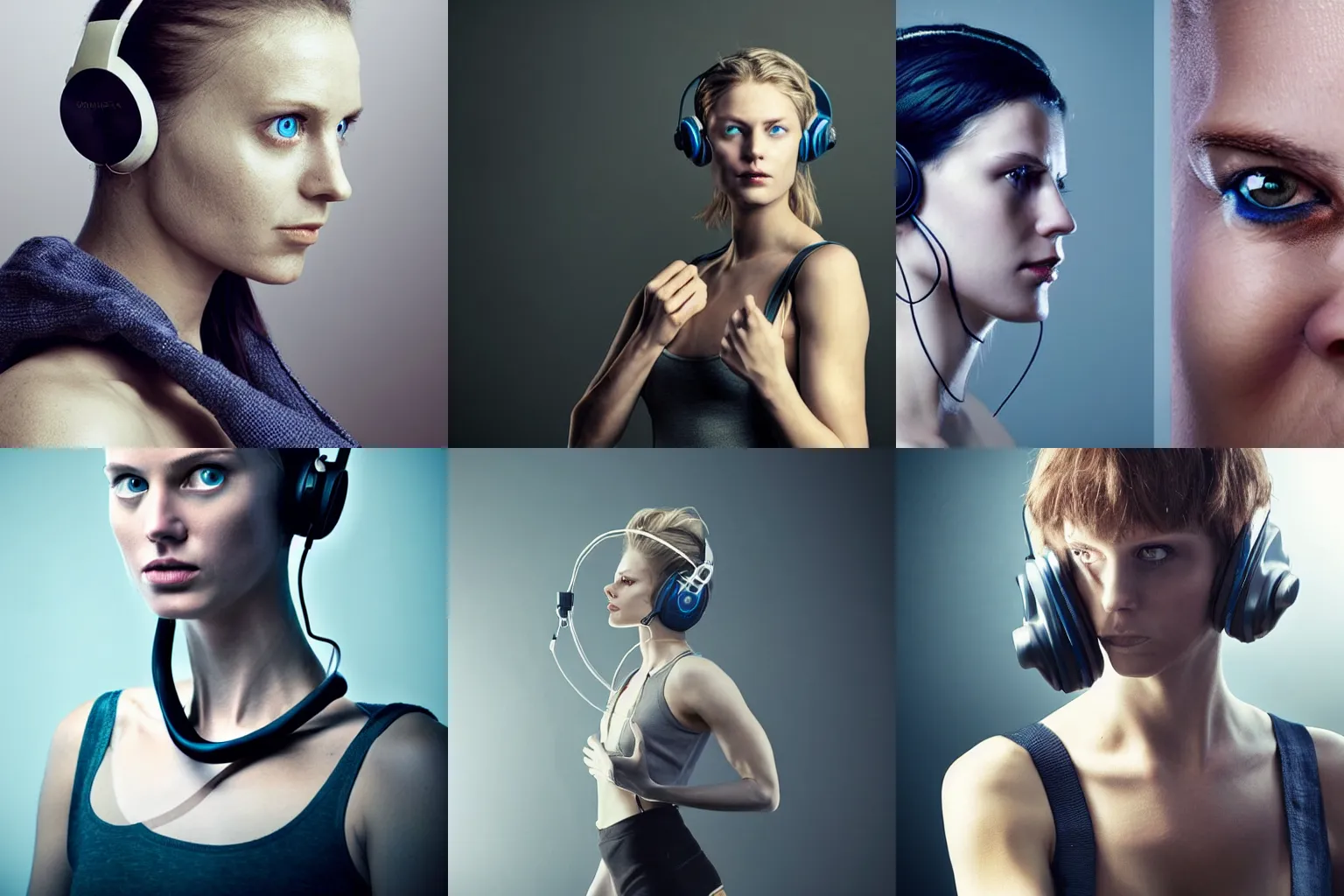 Prompt: cropped upper body portrait photo : ( subject = attractive nordic woman wearing headphones + subject detail = athletic anatomy, wearing jewellery, blue eyes, black hair, futuristic, monster anatomy, dom qwek, john howe, anatomical, highly detailed sculpture ) light fog, cinematic grading, telephoto, ektachrome film