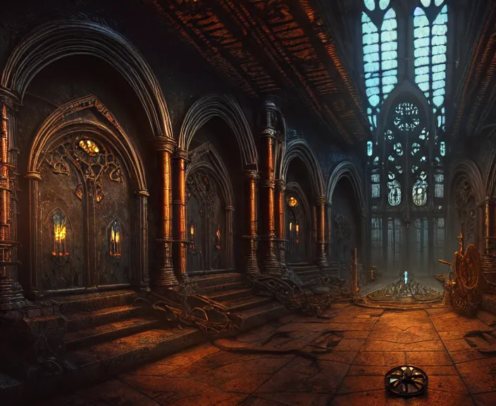 Image similar to steam necropolis, memento mori, gothic, neo - gothic, art nouveau, hyperdetailed copper patina medieval icon, stefan morrell, philippe druillet, ralph mcquarrie, concept art, steampunk, unreal engine, detailed intricate environment, octane render, moody atmospherics, volumetric lighting, ultrasharp, ominous, otherworldly