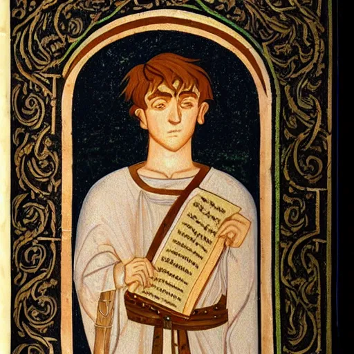 Prompt: clean shaven 1 9 year old young man with auburn hair and lots of freckles, regal hero of byzantium, illuminated manuscript, 2 d, good, moody lighting, medieval parchment, elegant, ornate