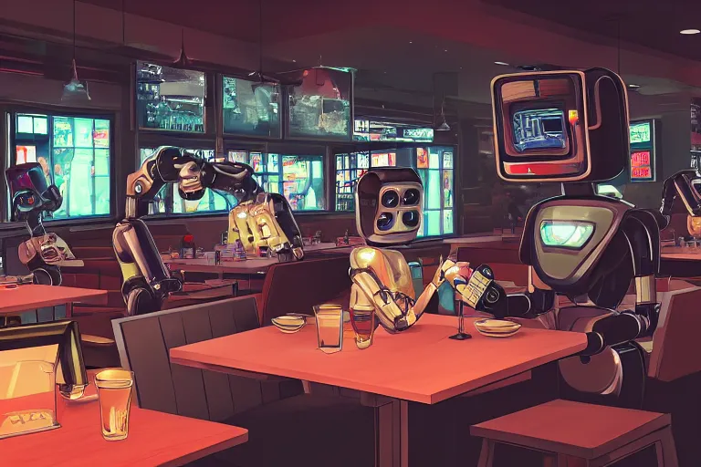 Prompt: two robot ordering food in a restaurant, cyberpunk city, 4k, detailed, digital art