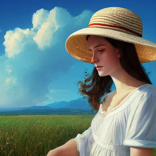 Image similar to girl in a white dress wearing sun straw hat looking at the bright blue sky with spiraling white sunny clouds digital art, highly detailed, intricate, by greg rutkowski, bright colours 8 k