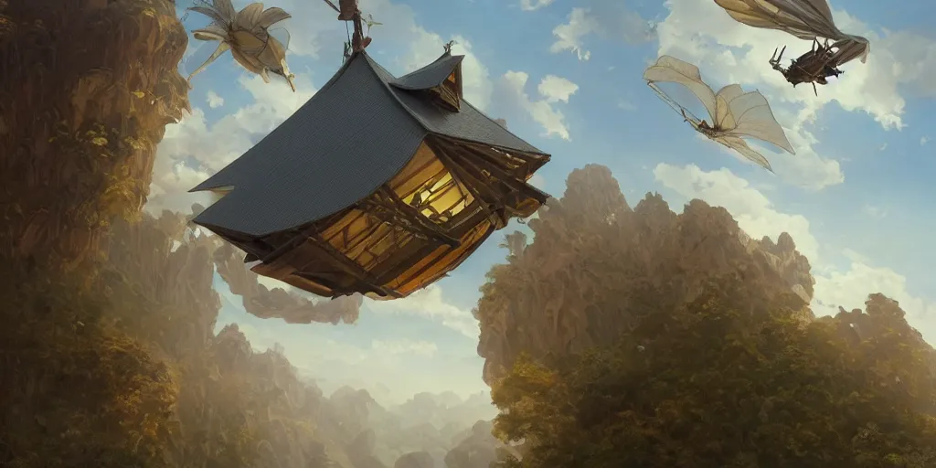 Image similar to a flying house, wide angle, super highly detailed, professional digital painting, artstation, concept art, smooth, sharp focus, no blur, no dof, extreme illustration, Unreal Engine 5, Photorealism, HD quality, 8k resolution, cinema 4d, 3D, beautiful, cinematic, art by artgerm and greg rutkowski and alphonse mucha and loish and WLOP