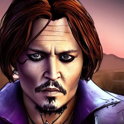 Prompt: johnny depp portrait, borderlands, tales from the borderlands, the wolf among us, comic, cinematic lighting, studio quality, 8 k