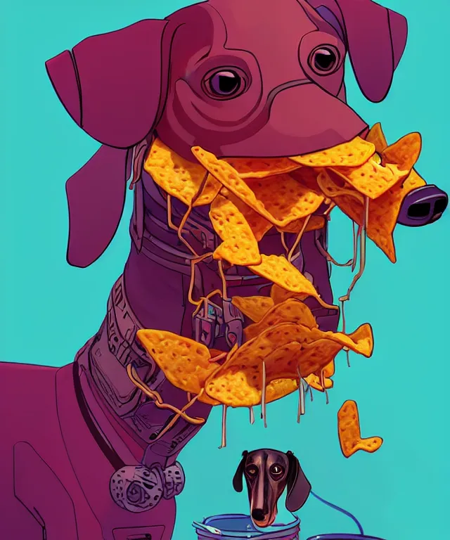 Image similar to a portrait of an anthropomorphic cyberpunk dachshund dog eating nachos, cyberpunk!, fantasy, elegant, digital painting, artstation, concept art, matte, sharp focus, illustration, art by josan gonzalez