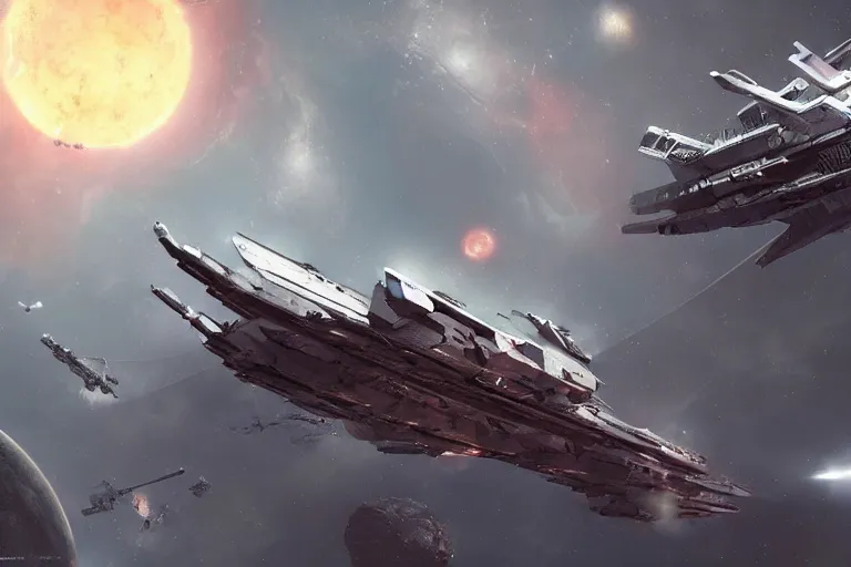 Prompt: huge angular spaceship!!!!!, multiple gun turrets are visible over the hull, battle damaged!!! and trailing!!! smoke!!!, large planet!!!! in the background, digital art, highly detailed, trending on artstation