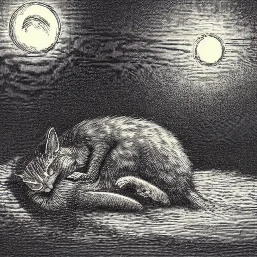 Prompt: a cat sleeping on the full moon, by gustave dore