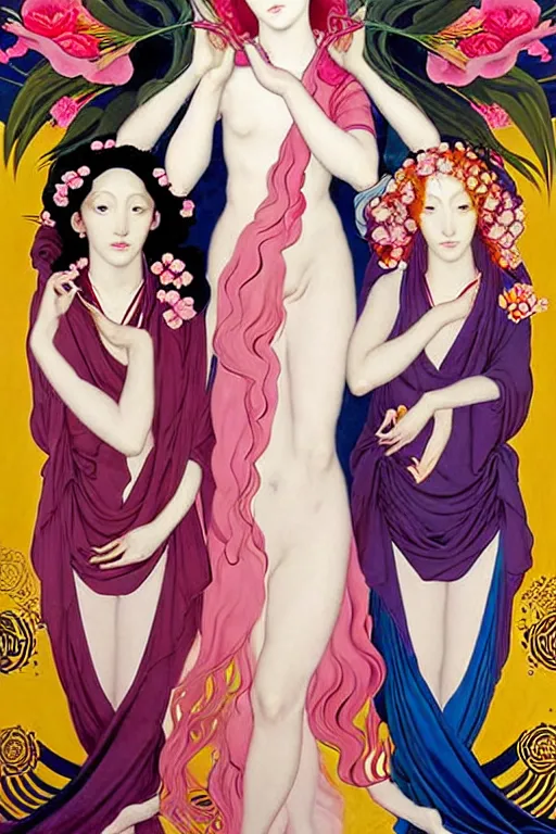 Image similar to 3 Deities symbolically representing March, April, and May, in a style blending Æon Flux, Peter Chung, Shepard Fairey, Botticelli, Ivan Bolivian, and John Singer Sargent, inspired by pre-raphaelite paintings, shoujo manga, and cool Japanese street fashion, dramatically blossoming flora and fauna, petals falling everywhere, pastel vivid triad colors, hyper detailed, super fine inking lines, ethereal and otherworldly, 4K extremely photorealistic, Arnold render