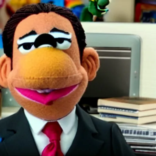 Prompt: ultra realistic photo of Michael Scott as a Muppet at his desk