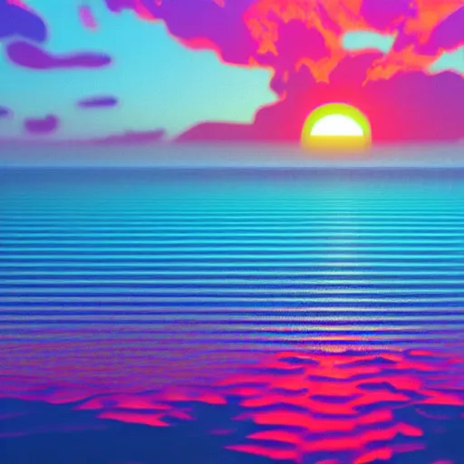 Prompt: A synthwave style sunset above the reflecting water of the sea, concept art